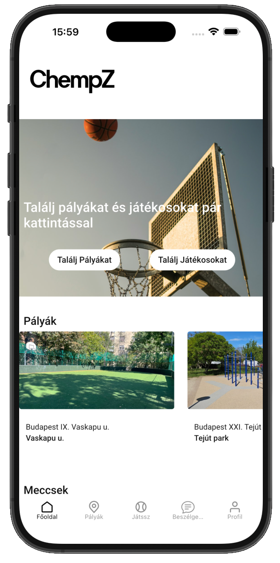 ChempZ főképernyő — pályák és meccsek a közeledben